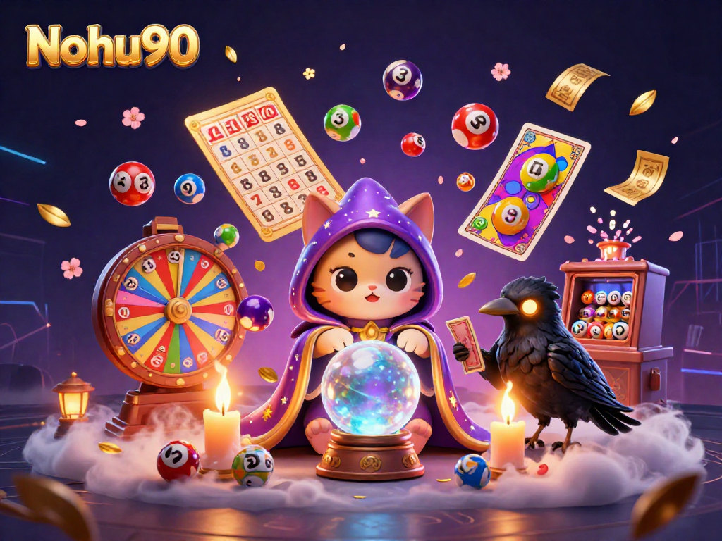 Nohu90 showcases an exciting scene with a mystical cat, a tarot raven, and vibrant lottery elements.