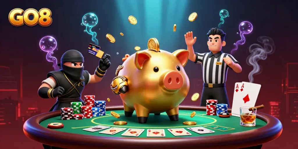 Engage in exhilarating GO8 casino activities with vibrant characters and iconic gaming elements.