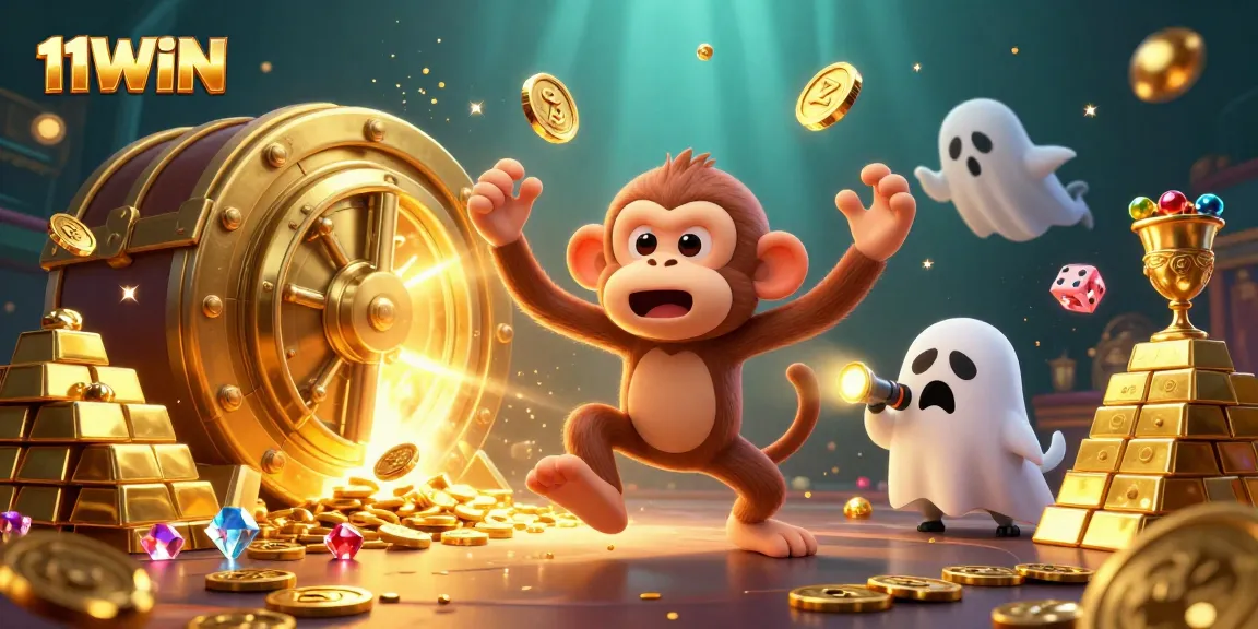 Engage with 11WIN in a vibrant casino world with gold treasures and playful characters.