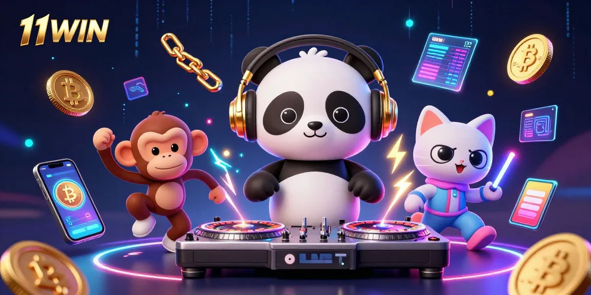 Engage with 11WIN's vibrant casino experience featuring a DJ panda and colorful characters.