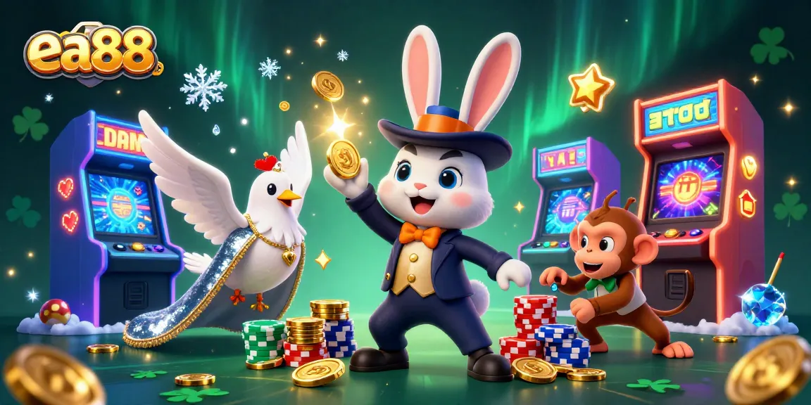 ea88 Gamblers engage in a vibrant casino adventure surrounded by playful characters, coins, and arcade games.