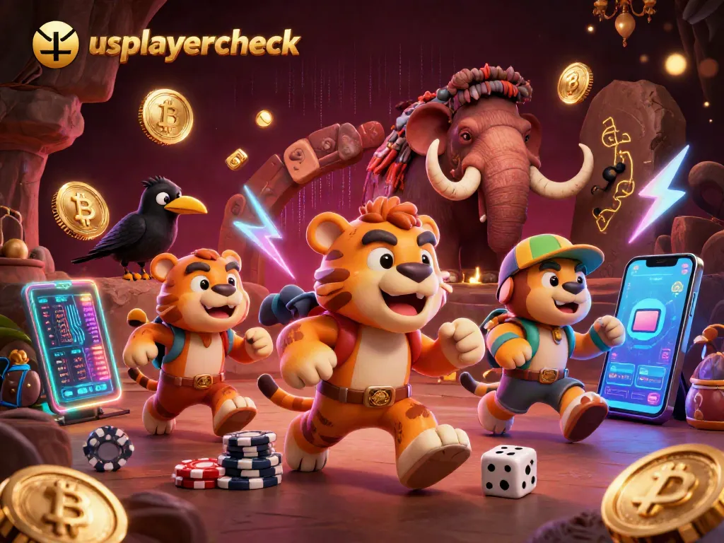 usplayercheck reveals a prehistoric casino scene with a caveman, sabertooth tiger, and crow amidst crypto elements.