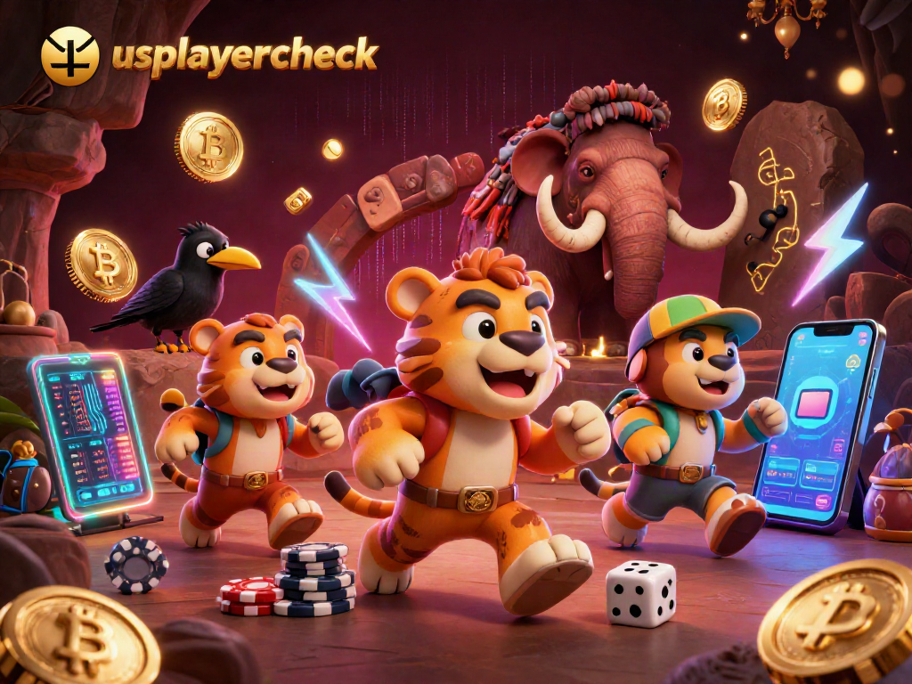 usplayercheck reveals a prehistoric casino scene with a caveman, sabertooth tiger, and crow amidst crypto elements.