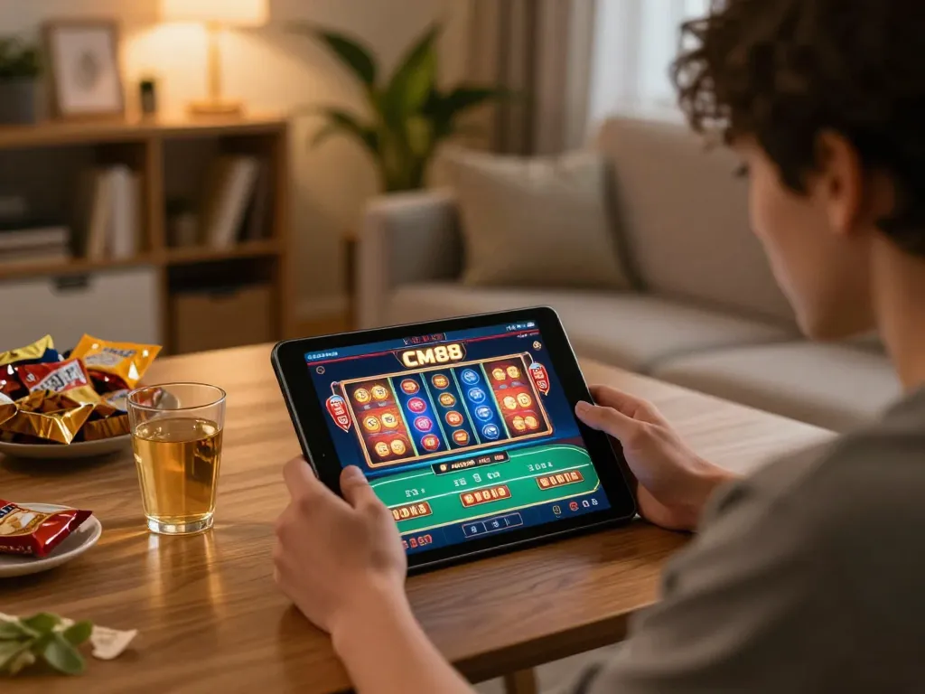 Engaging cm88 online gaming scene with tablet showing casino games, cozy home atmosphere.