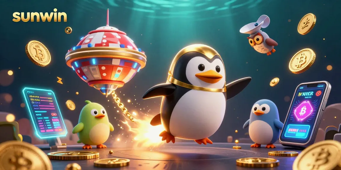 Experience excitement with sunwin as a golden penguin rockets toward a casino chip in space.
