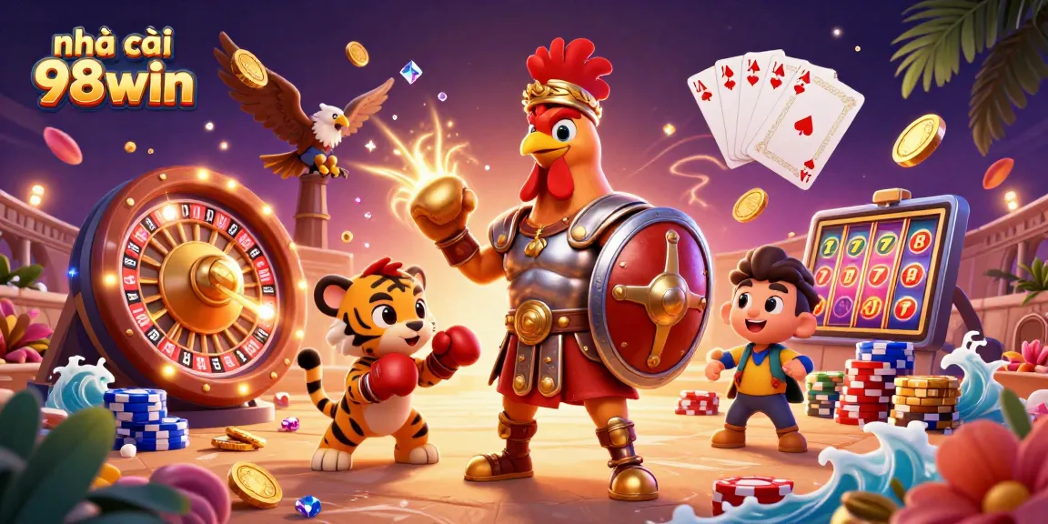 Play thrilling games at nhà cái 98win with a dynamic gaming environment featuring golden coins and roulette.