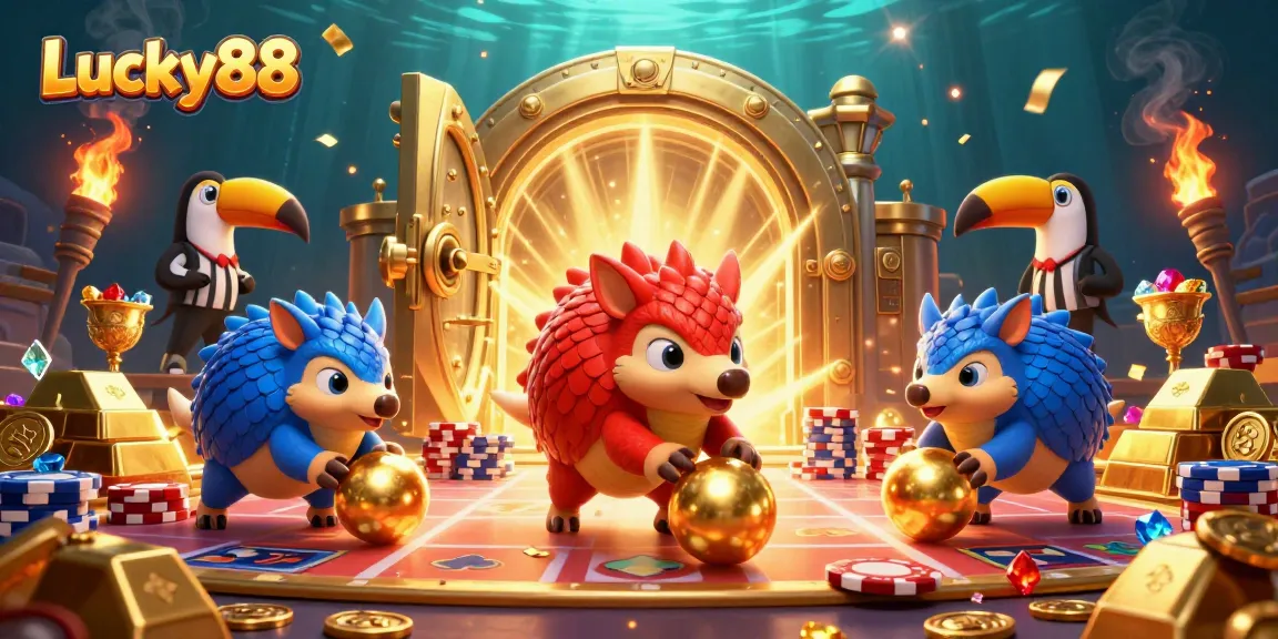 Engage in thrilling gameplay at Lucky88 with rival pangolins on a colorful casino adventure.
