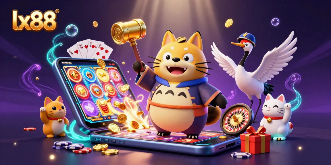 Lx88 brings excitement with a cheerful tanuki and a crane companion amidst colorful slot games and festive elements.