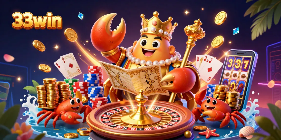 Engage with 33win's exciting world of gaming through an illustration featuring a golden crab and vibrant casino elements.