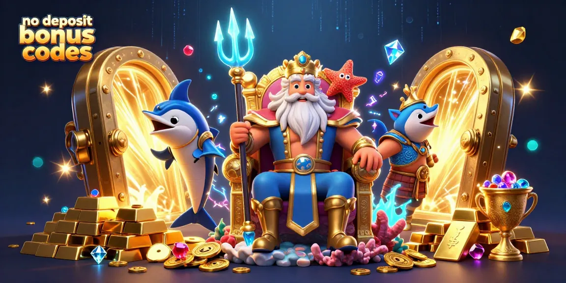 Win big with exclusive no deposit bonus codes, featuring Neptune and treasure-filled casino imagery.