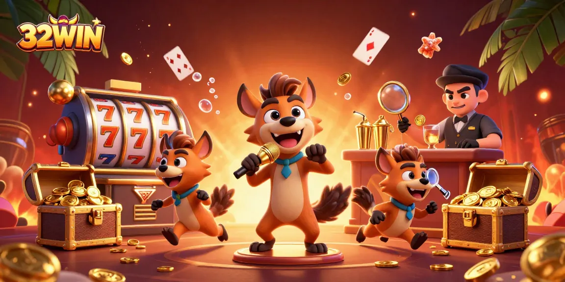 Engage in dynamic casino fun with 32WIN as cartoon hyenas manage a vibrant comedy club scene.