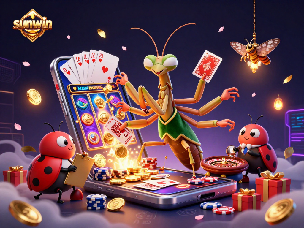 Experience thrilling gameplay with Sunwin's vibrant 3D casino illustration featuring unique characters and dynamic elements.