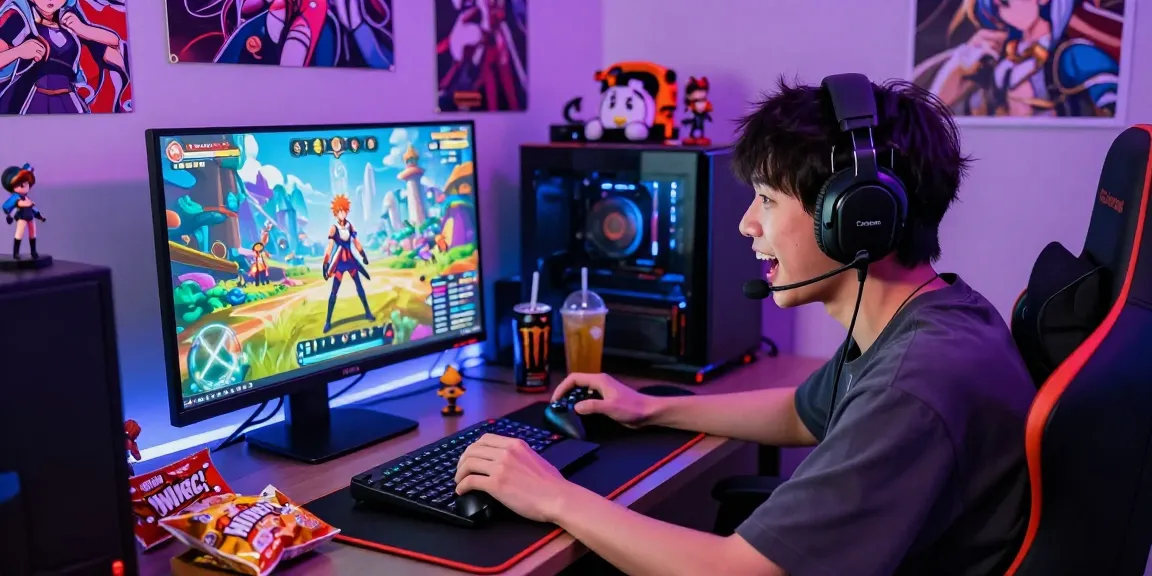 Player enjoying hentai games on a high-performance gaming laptop amidst vibrant anime visuals and gaming collectibles.