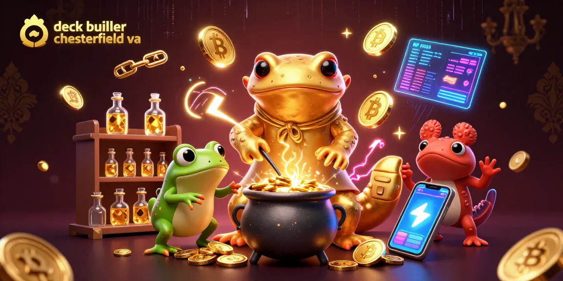A vibrant scene showcasing a deck builder Chesterfield VA transforming base metals into gold with blockchain elements.