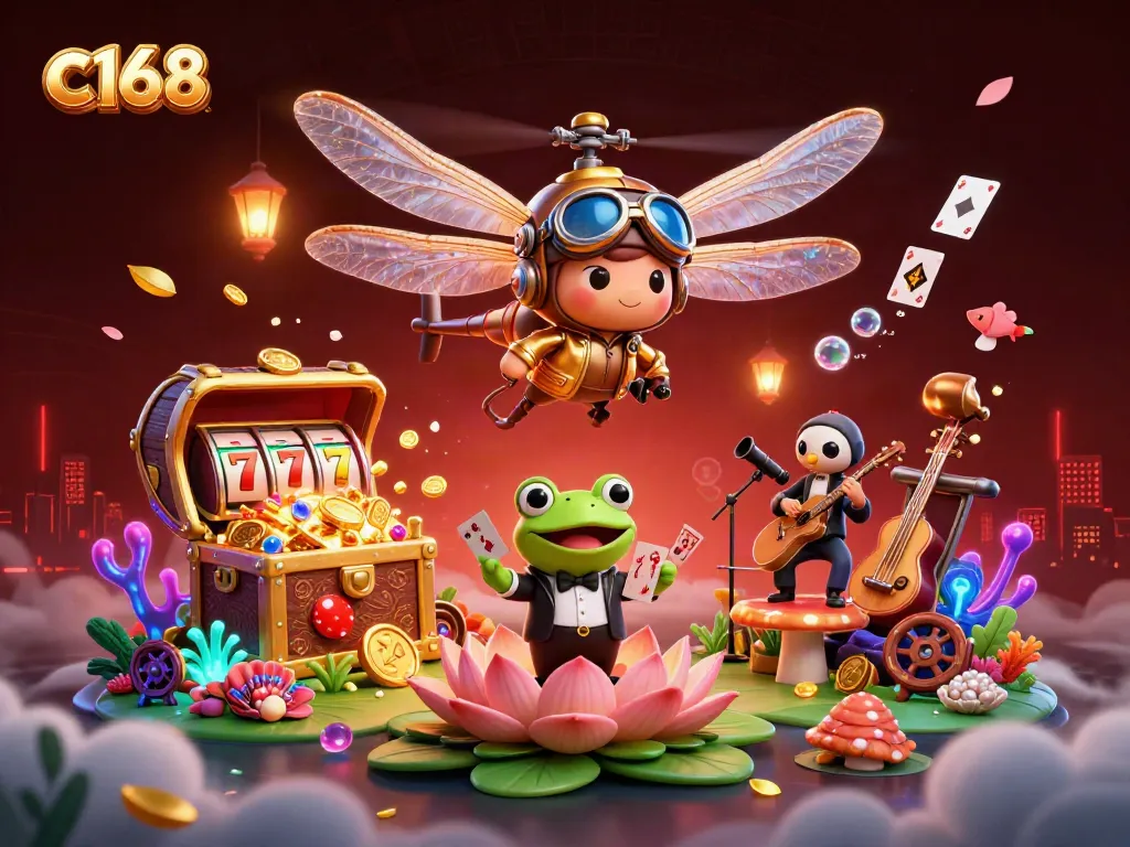 Explore c168's thrilling casino adventure with a vibrant dragonfly pilot, frog croupier, and jazz cricket musicians.