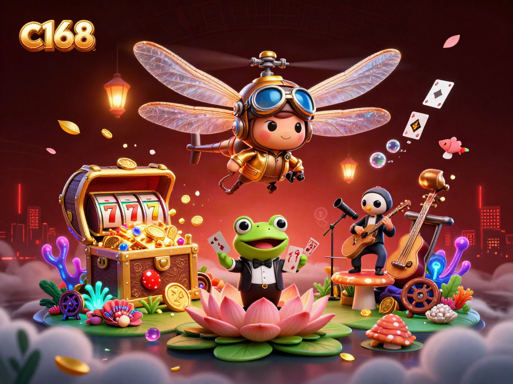 Explore c168's thrilling casino adventure with a vibrant dragonfly pilot, frog croupier, and jazz cricket musicians.