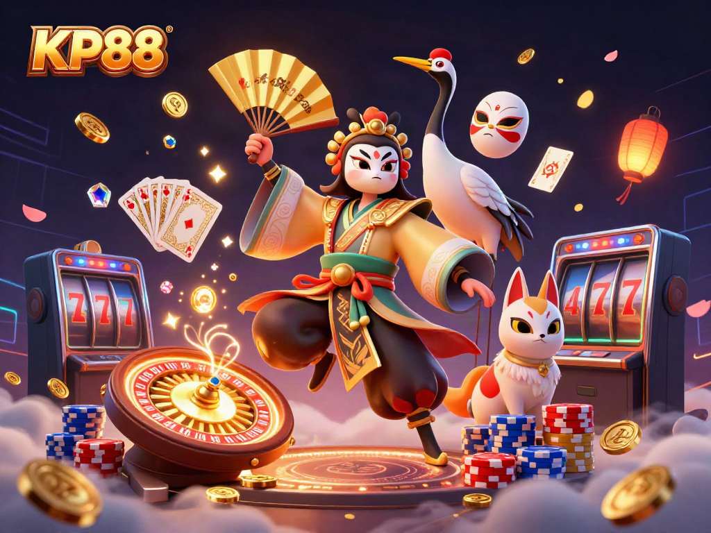 Experience the dynamic gaming world of KP88 with energetic characters and dazzling casino elements.