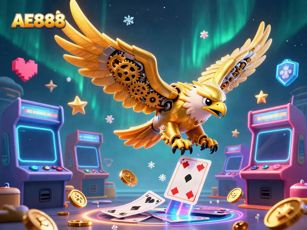 Experience the thrill of AE888 casino gaming with a vibrant 3D illustration of a cybernetic eagle surrounded by holographic cards.