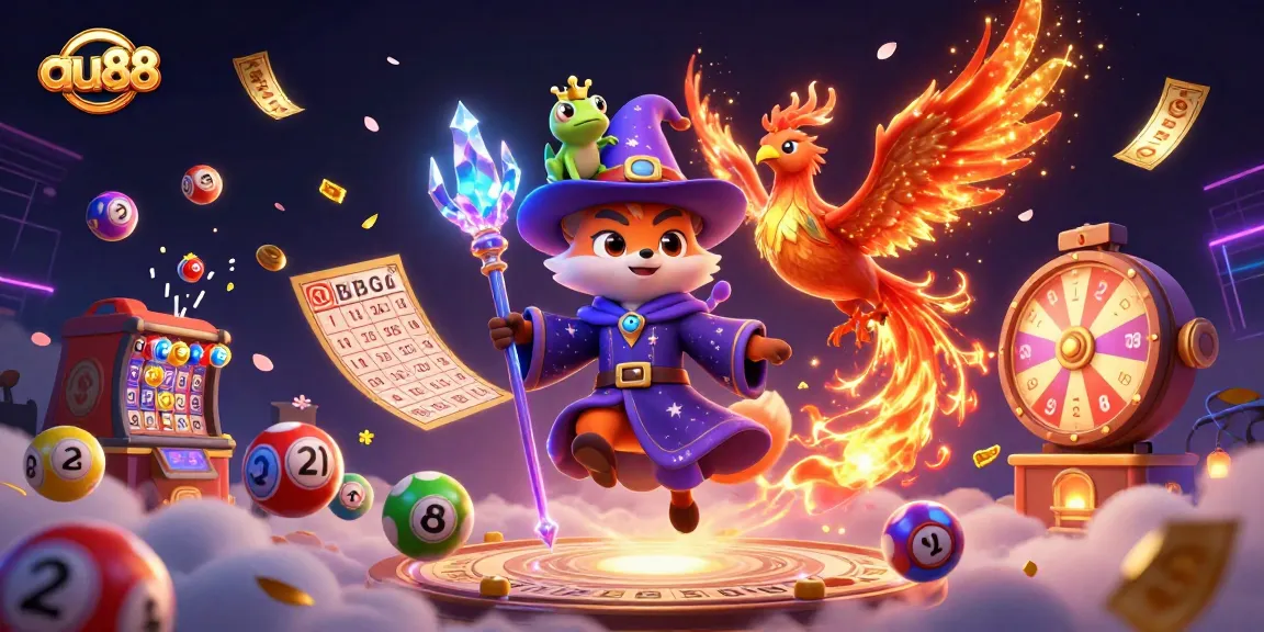 Experience the magic of au88 with dynamic lottery balls and a mystical fox in a vibrant casino world.