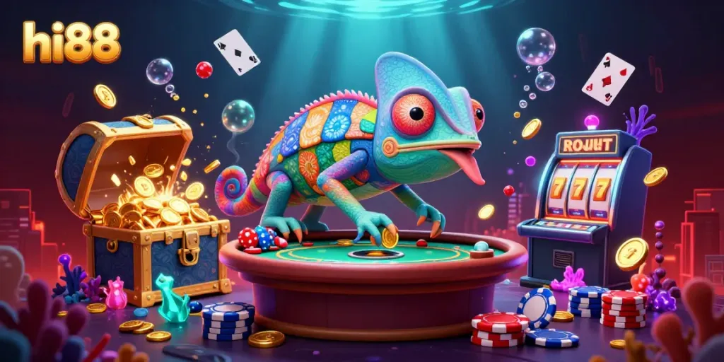hi88 engages players in a vibrant underwater casino scene featuring slot machines and colorful treasures.