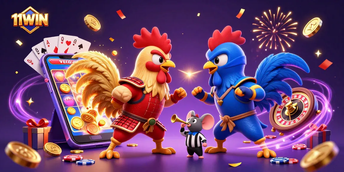 Engage in thrilling casino action at 11WIN with an epic standoff between rooster warriors.