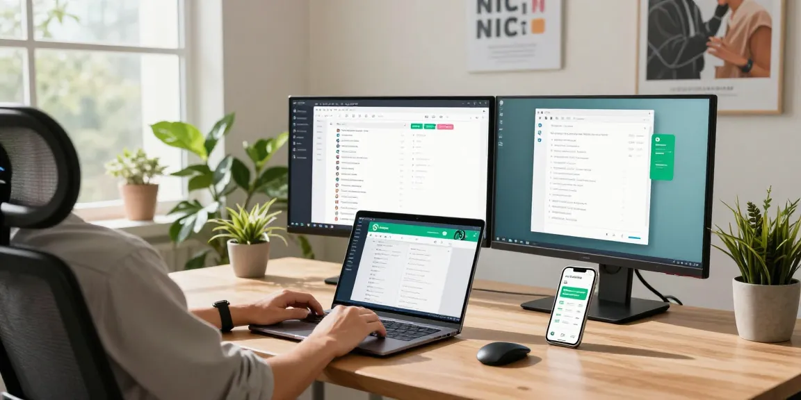 Person using WhatsApp電腦版 on a laptop in a modern workspace setting.