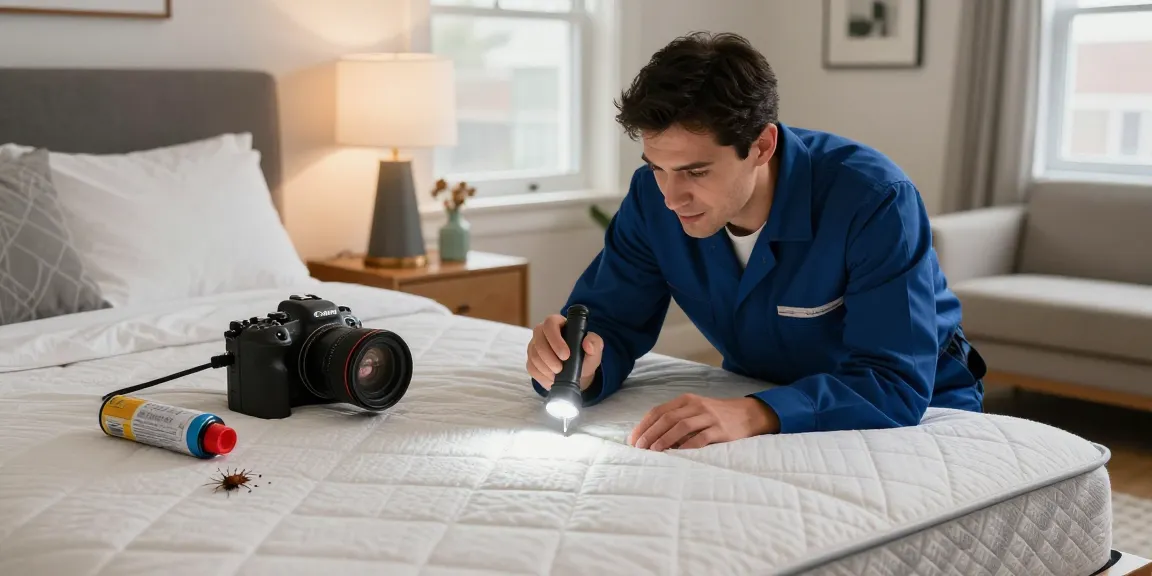 Bed bug removal expert inspecting mattress for infestations in Milwaukee bedroom.