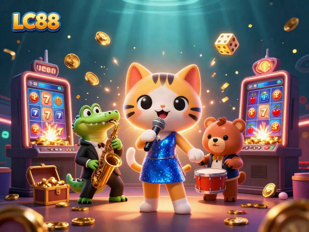 Experience jackpot excitement at LC88 with vibrant characters and casino game elements in a 3D illustration.