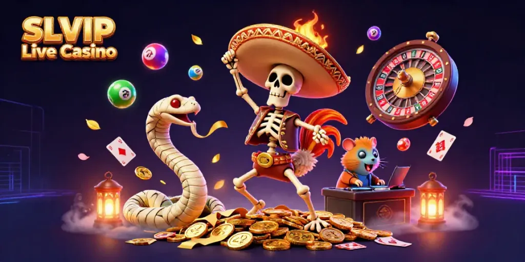Experience the excitement of SLVIP Live Casino with this vibrant 3D illustration showcasing lively characters and casino elements.