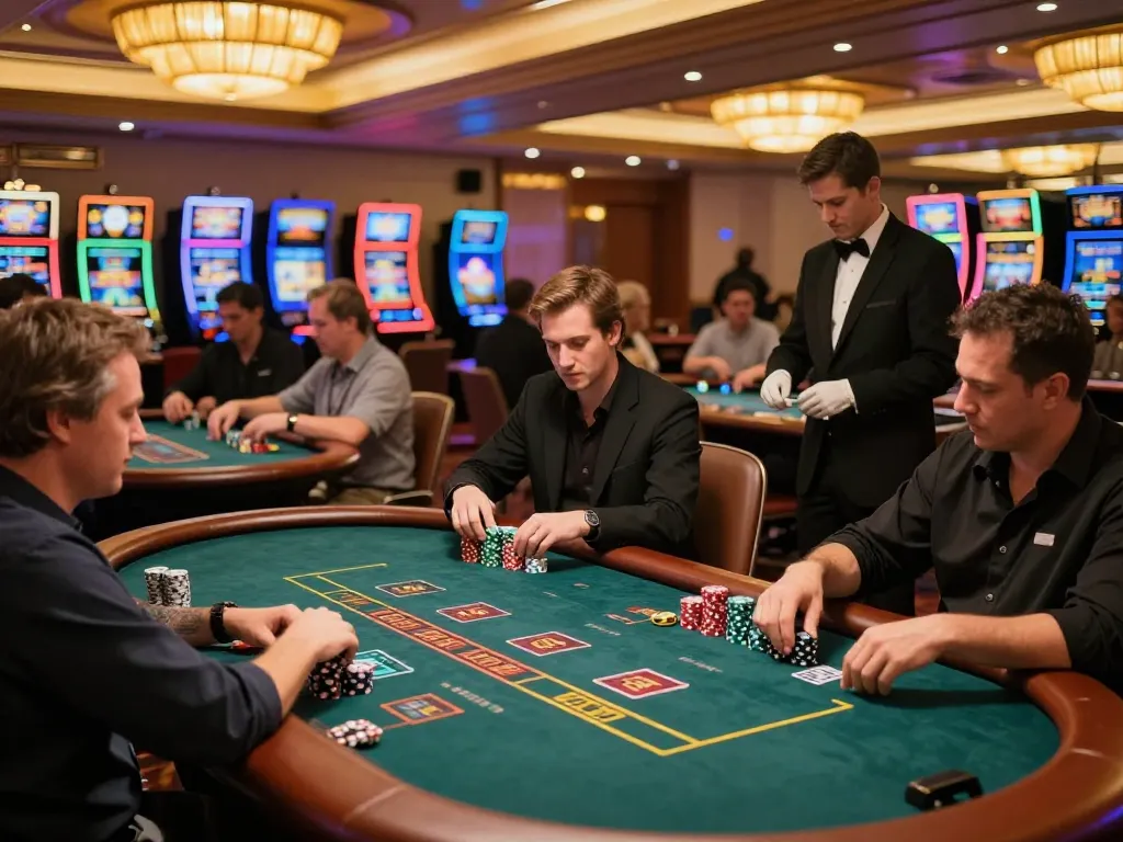 Players strategizing at CM88 blackjack tables in a luxurious casino setting, high-stakes atmosphere.