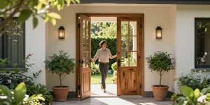 Elegant single leaf double swing door inviting guests into a lush garden.