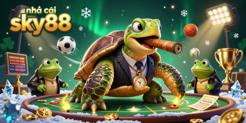 Engage with nhà cái sky88 in a vibrant sports betting environment featuring unique characters, dynamic elements, and a lively casino ambiance.
