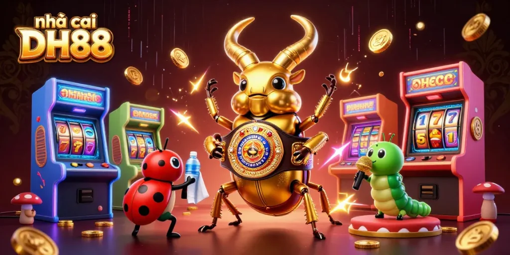 Experience the excitement of nhà cái DH88 with vibrant 3D casino visuals featuring slots and gaming action.