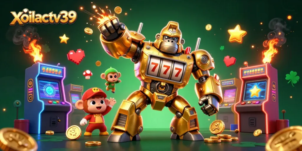 Experience epic gaming excitement with xoilactv39 featuring explosive golden gorilla mech and vibrant game elements.