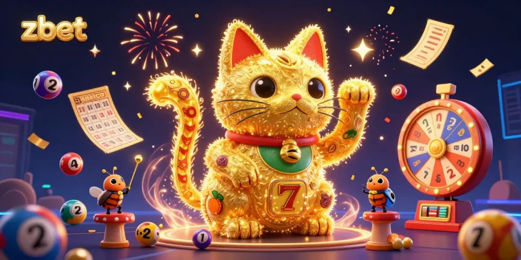 Zbet showcases a colorful casino illustration with a lucky cat and vibrant game elements for gamers.