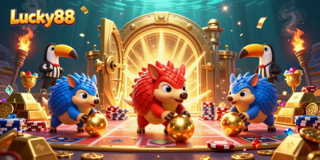 Engage in thrilling gameplay at Lucky88 with rival pangolins on a colorful casino adventure.