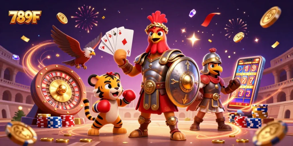 Experience thrilling action with 789F's diverse casino games featuring vibrant characters and exciting game elements.