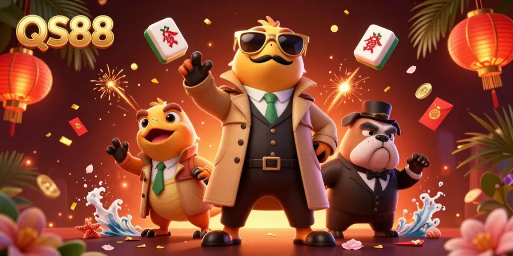 Experience thrilling gaming action at QS88 with cartoon raptors entering a VIP casino.