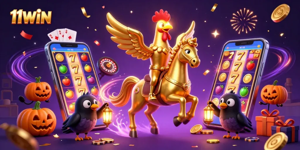 Engage in thrilling wins at 11WIN with a vibrant golden rooster and casino games.