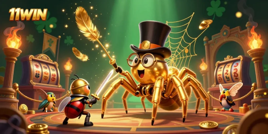 11WIN casino artwork featuring golden tarantula and beetle knight amidst vibrant slot games