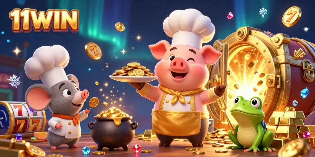 Experience excitement with 11WIN as a chef pig serves gold coins in this vibrant casino scene.