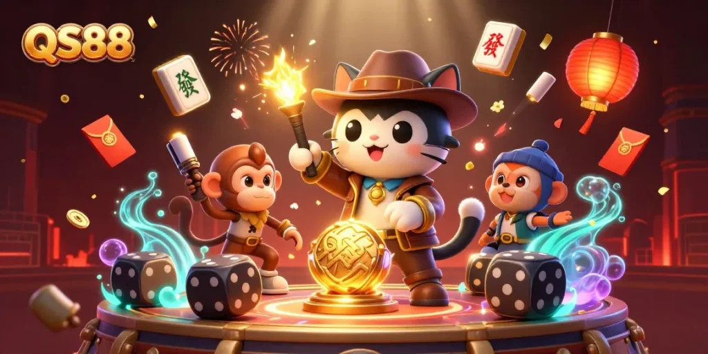 Experience the excitement of QS88 with an animated scene showcasing a cat archaeologist and monkey as they uncover casino treasures.