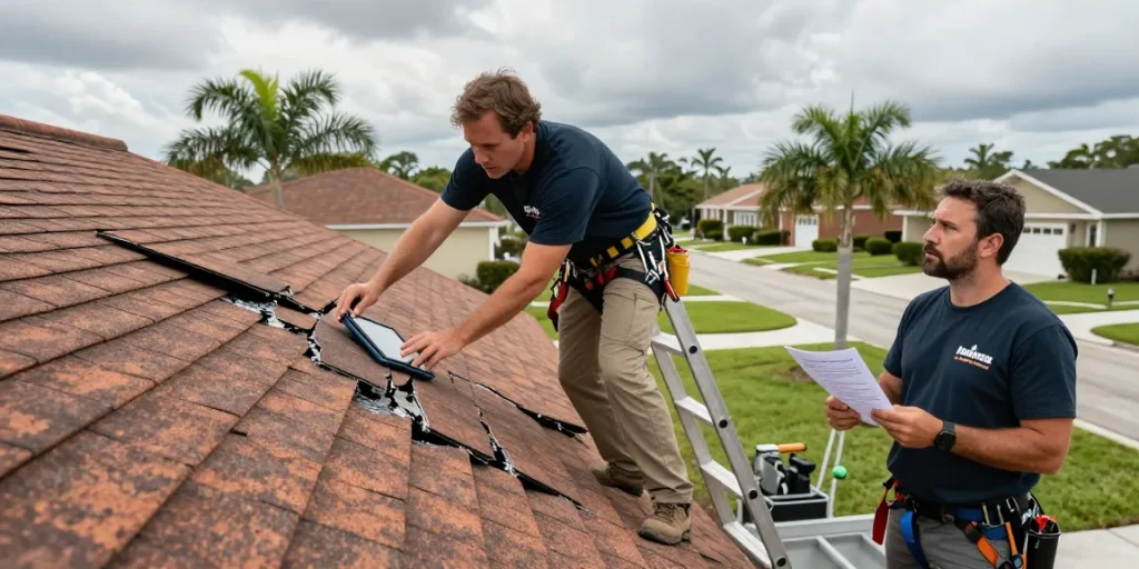 Storm damage inspection in Tampa by a local roofer, highlighting crucial repairs and homeowner guidance.