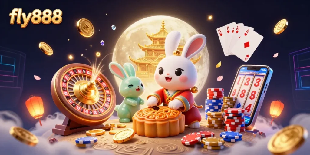Join the excitement at fly888 with this vibrant 3D rendering of a moon rabbit celebrating big wins in a celestial casino.